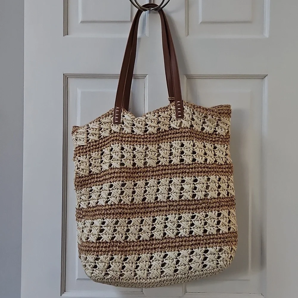 Nordstrom Raffia Tote Bag - Cream and Brown - Picture 4 of 6